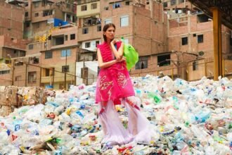 woman standing on plastic trash