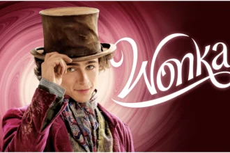 man with big hat and a purple swirl background with the word "Wonka"
